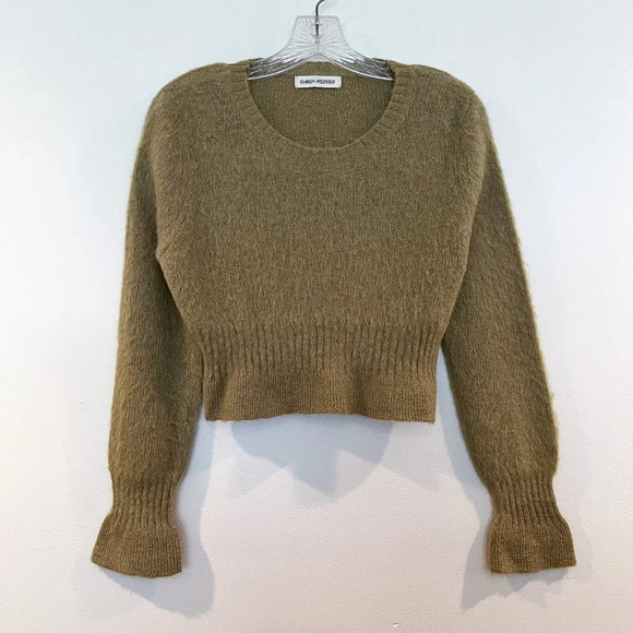 Carin Wester Mohair Wool Blend Green Ruffled Crew Neck Cropped Sweater Small - Picture 3 of 7